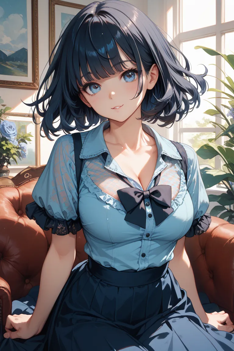 cute little human girl in uniform blouse wearing clothes, black frilly skirt, slightly long skirt, lace panties shirt in big chest, black hair, blue mesh hair, bob hair, bangs, pose that emphasizes the chest, lace panties