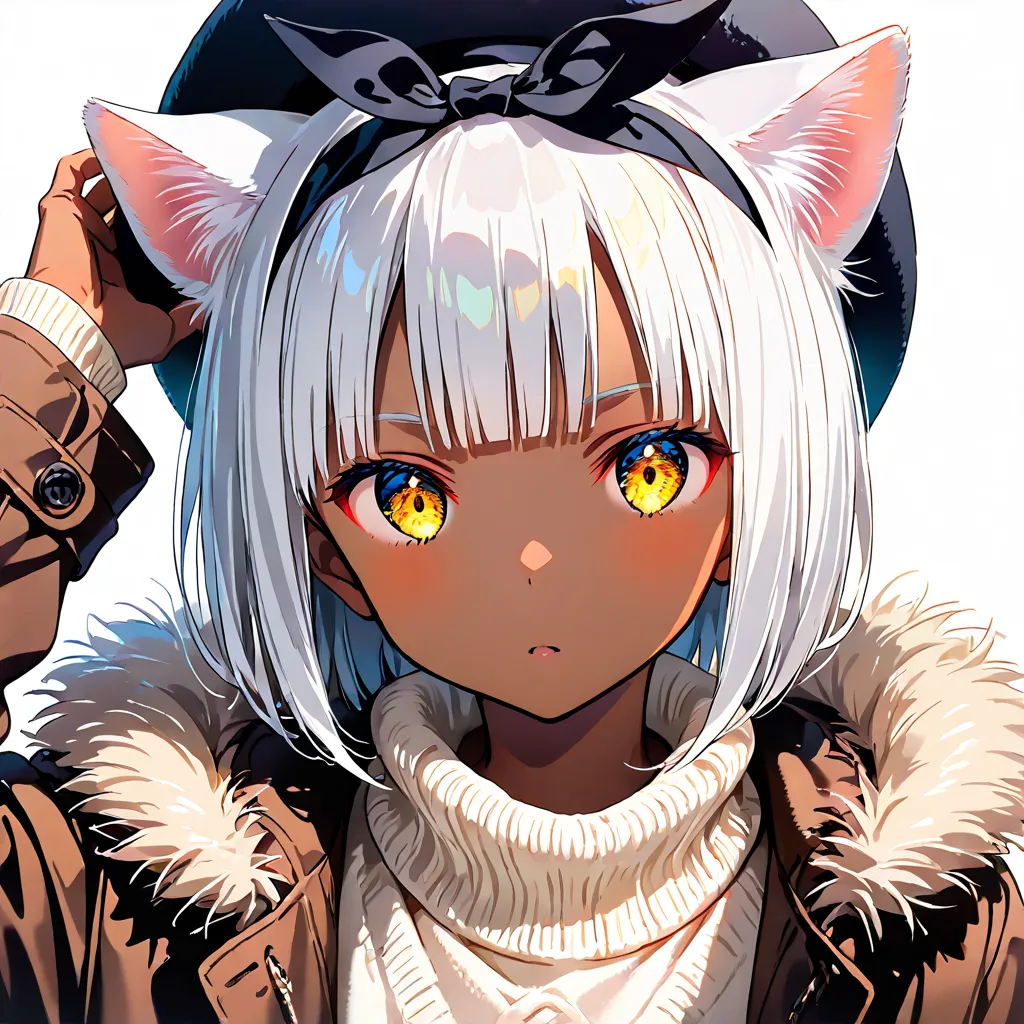 masterpiece, best quality, 1girl, bob, blunt bangs, white hair, golden eyes, dark skin with white cat ears, no human ears, 15-year-old, hair ribbon, hat, coat, sweater, white background, hyper detailed, anime, (hard-edged:1.4), golden ratio, highly saturat...