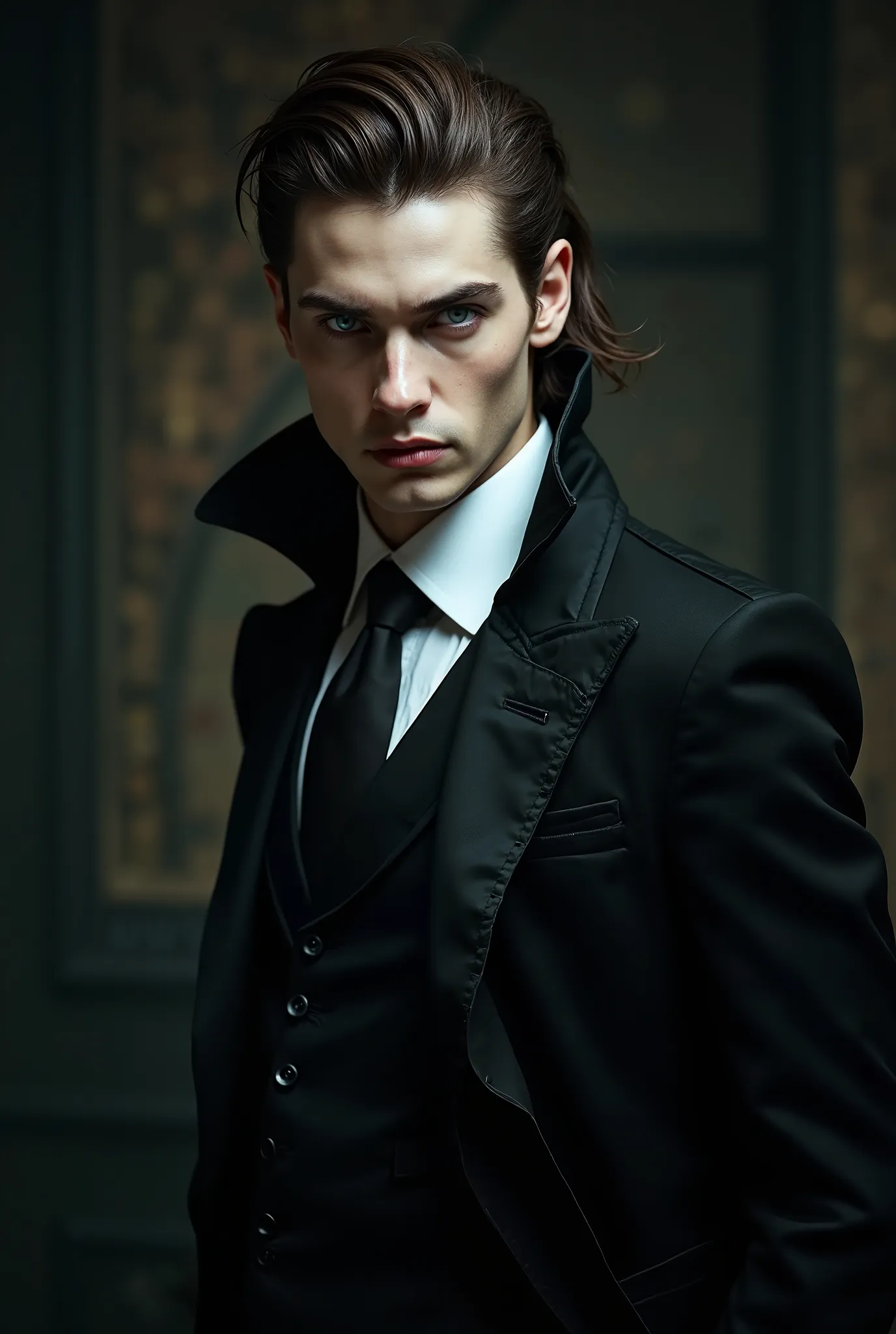 Handsome vampire man with pale skin and blue eyes, tall brown hair pulled up, wearing a black suit, his features close