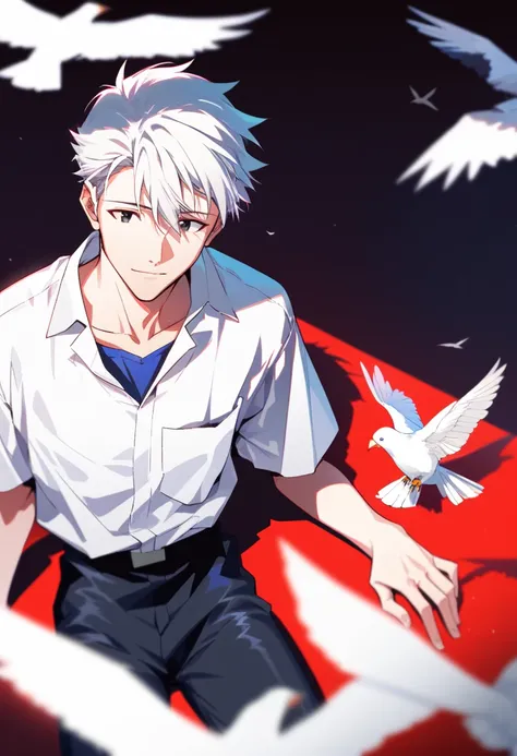 masterpiece, best quality, very aesthetic, absurdres, safe, Neon Genesis Evangelion, 1boy, black eyes, white hair, short hair, white shirt, long black pants, spotlight, red ground, not looking at viewer, looking down, sitting on the ground, darkness, lance...