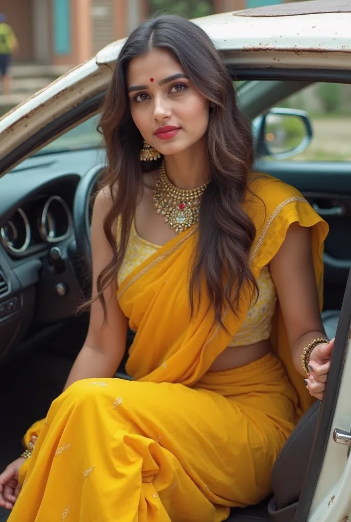 A beautiful Indian married woman wearing a sexy yellow sleeveless saree.she have married necklace.she have brown with black hair.she have makeup,red lipstick, brown eyes.she sitting in the car.car door open.she's a leg outside the car.she arriving in the c...