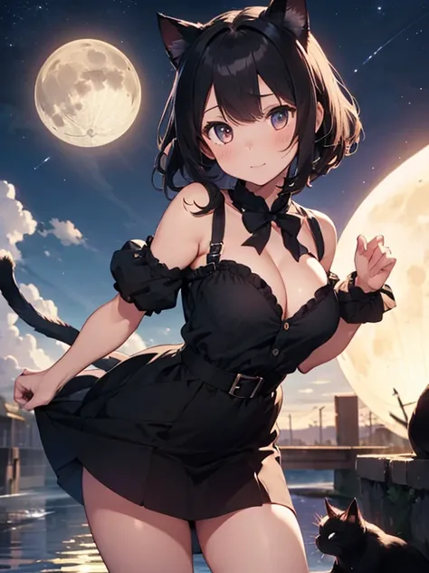 1 girl, High Resolution, look at cleavage, high definition model, high quality,  black hair, shortcuts, Cat ears, Chest Circumference, black dress,Moon motif accessories、Cute beautiful girl cosplaying as a black cat