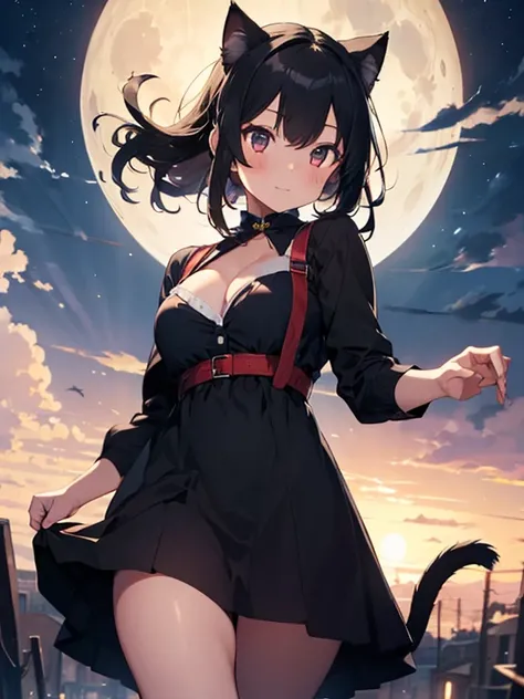 1 girl, High Resolution, look at cleavage, high definition model, high quality,  black hair, shortcuts, Cat ears, Chest Circumference, black dress,Moon motif accessories、Cute beautiful girl cosplaying as a black cat