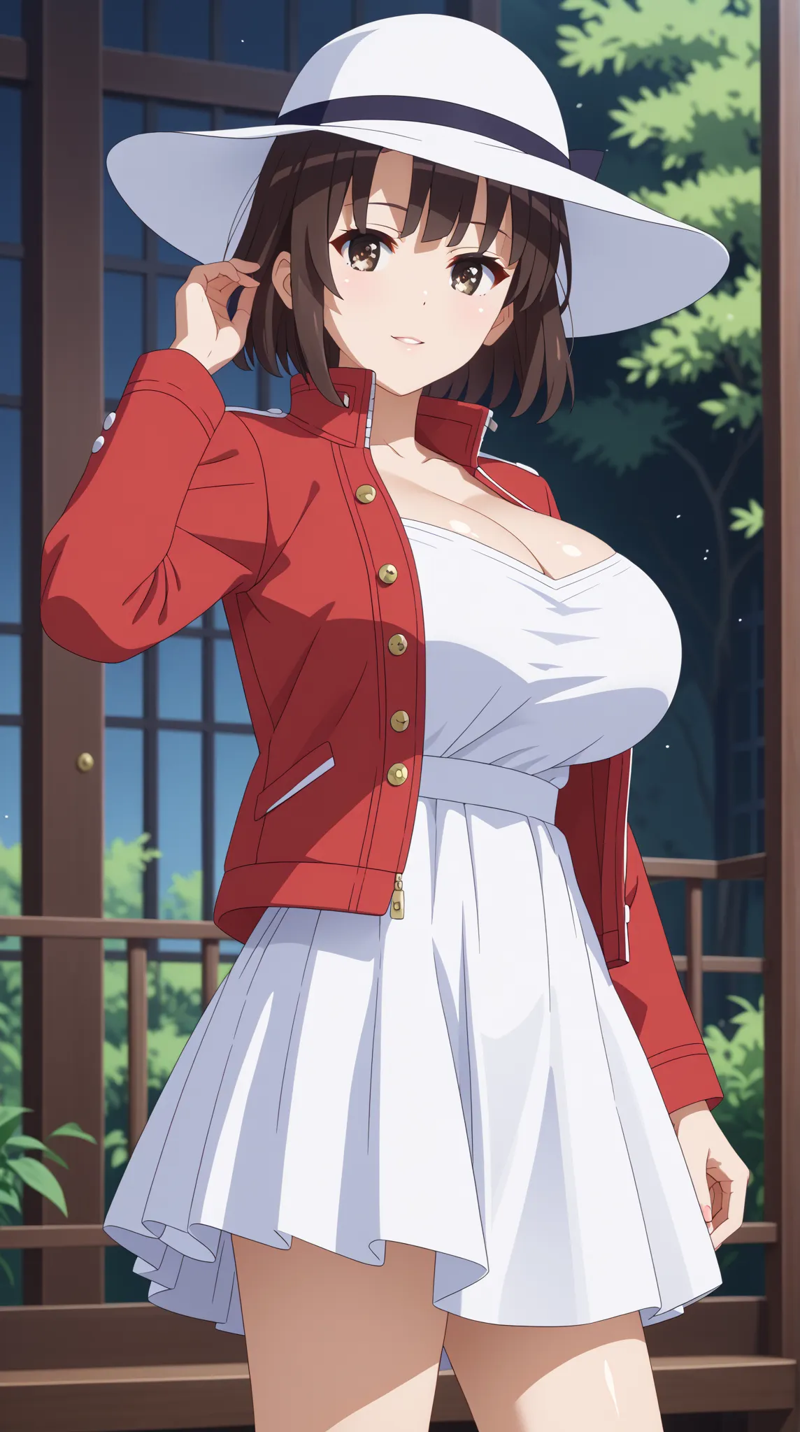 (UHD, retina, masterpiece, accurate, anatomically correct, super detail, high details,   highres, 1080P, 16k、high detail RAW color art:1.3)、 (megumi katou:1.3)、(short hair、brown hair, brown eyes:1.3)、(very gigantic breasts:1.5)、(shiny skin:1.3)、(jacket, lo...