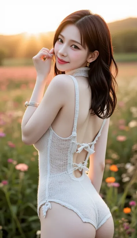 Full body photo facing backwards、Full body photo posing backwards、 in return、Poses with an emphasis on the back、Off-white、Wear a mini sleeveless sweater dress with a turtleneck chest and a sheer slit with a large round hole in the middle of the waist、I'm w...