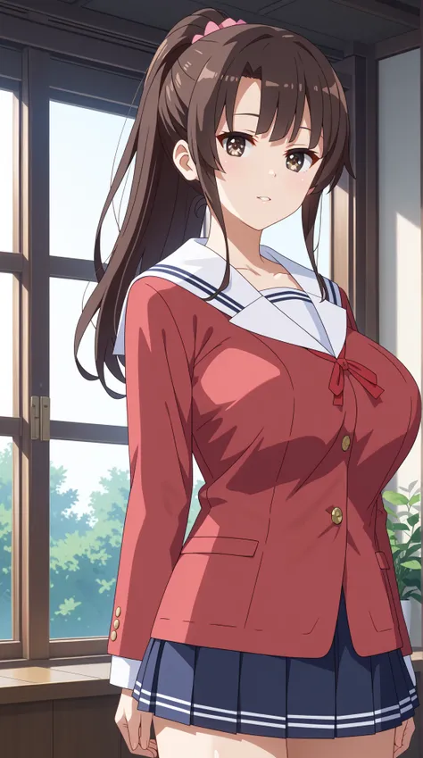 (UHD, retina, masterpiece, accurate, anatomically correct, super detail, high details,   highres, 1080P, 16k、high detail RAW color art:1.3)、 (megumi katou:1.3)、(long hair, ponytail, brown hair, brown eyes:1.3)、(very gigantic breasts:1.5)、(shiny skin:1.3)、(...