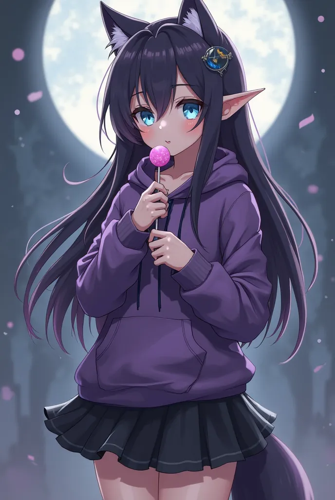 Anime wolf  girl with long Dark purple With light blue eyes and elf ears full body With purple Hoodie and black skirt eat lollipop 
