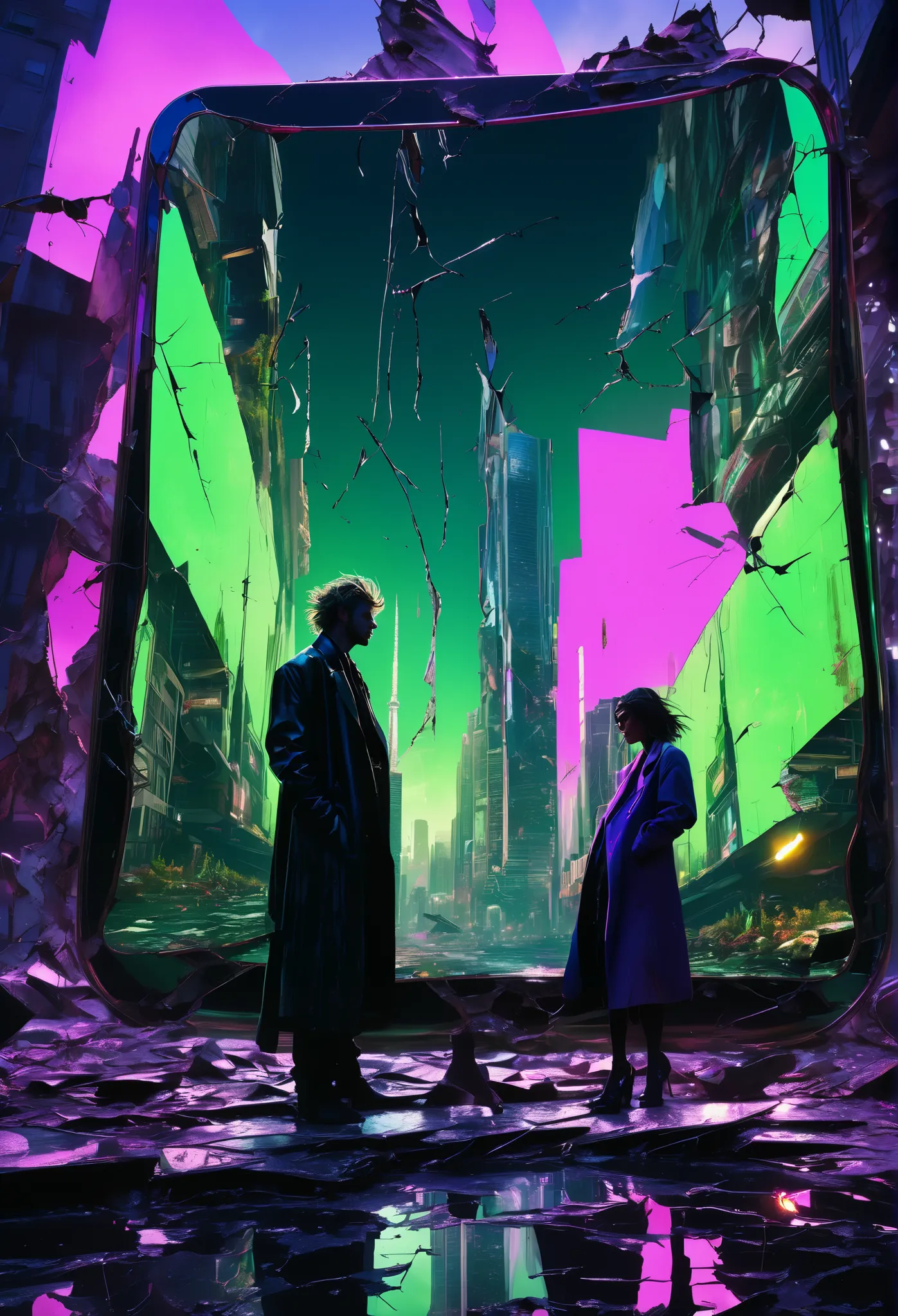 A person in rags looking at a piece of broken mirror and in the mirror reflects their well-dressed image in a beautiful place. The whole picture of the image is of a futuristic apocalyptic place.