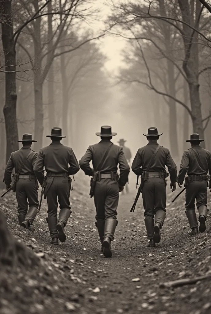 United States of America, Texas, in 1800. 2. a forest, in 1800. 3. six soldiers, uniformed and wearing hats, running in the middle of a forest, with trees and dry leaves on the ground, all with their backs to the camera, in 1800. 4. at noon. 5. Antique bla...