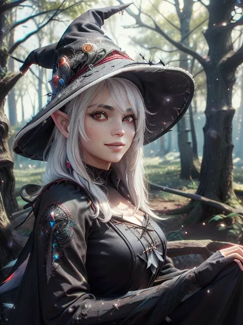 close-up, upper body. long, ( white hair:1.6), (black witch hat :1.6), (red eyes:1.6), ( Black witch dress :1.6), ( sharp ears:1.2), smiling elf girl  in the woods. ( Masterpiece , top quality shirt, best quality, official art,  beautiful and aesthetic:1.2...