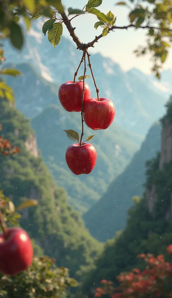 Create leafy red apple fruits hanging in the air beground bokeh of mountains and forests,  realistic 