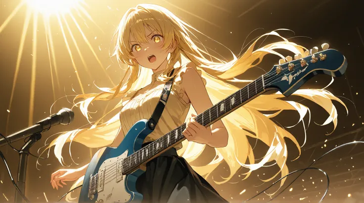 A  in a girls' metal rock band is playing an electric guitar　With a hot beat　Conveying the feelings of love　 long hair 