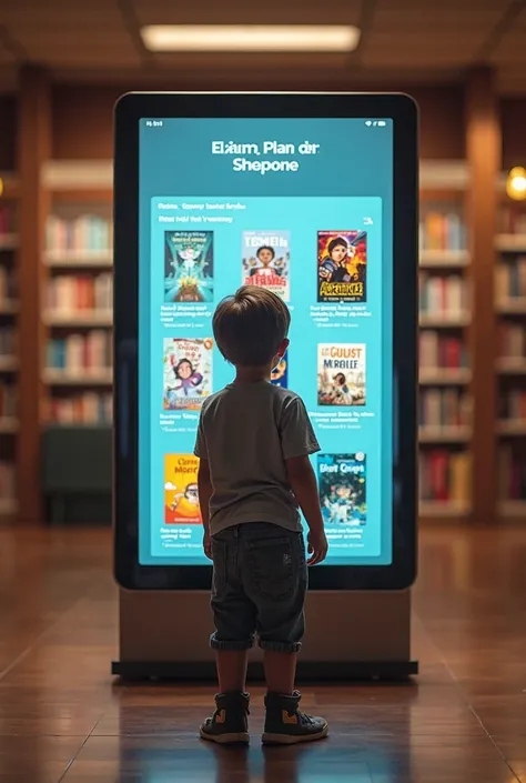 A boy walks up to an electronic information stand at the entrance to the library and looks at it. The electronic stand shows books on offer for his age, interesting to him