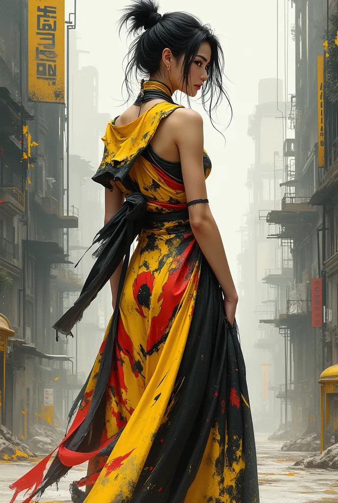 A futuristic female figure stands confidently in a dystopian urban landscape, wearing a long avant-garde dress with an asymmetrical design. The dress is a fusion of high fashion and cyberpunk aesthetics, featuring abstract geometric patterns, splashes of b...