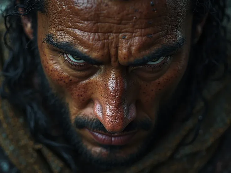 Close-up of a Persian warrior's terrified eyes, reflecting a monstrous shadow, cinematic lighting, high tension, ultra-realistic, dramatic depth of field, 4K, Hollywood-style