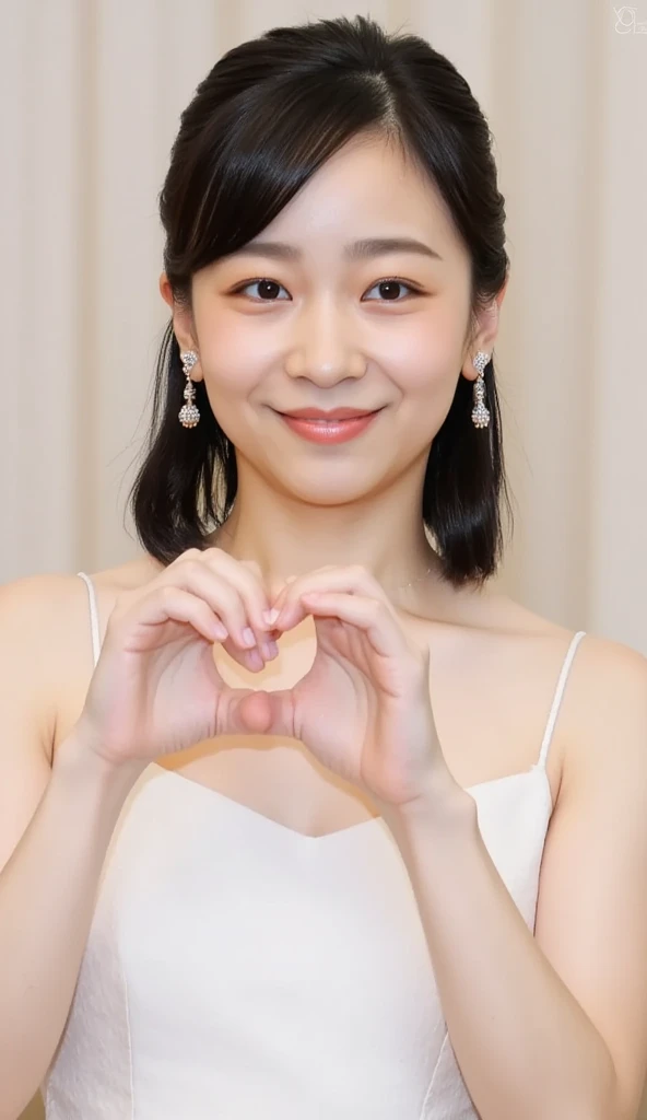   super fine、Picture of her face 、Turn your head to the right  、, and has a cute smile,  I'm wearing a camisole,  posing with hands folded in the shape of a heart in front of the chest、Plain background、  HD、細部にわたって HD