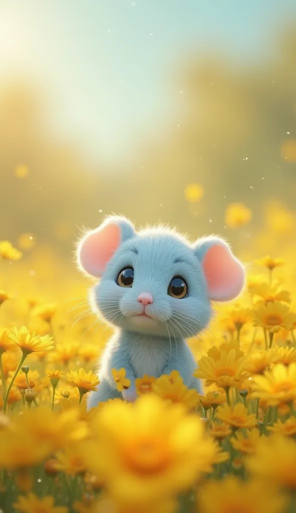  Fantastic　 realistic footage　 Compa　A lot of yellow flowers are blooming　 cute fluffy light blue mouse