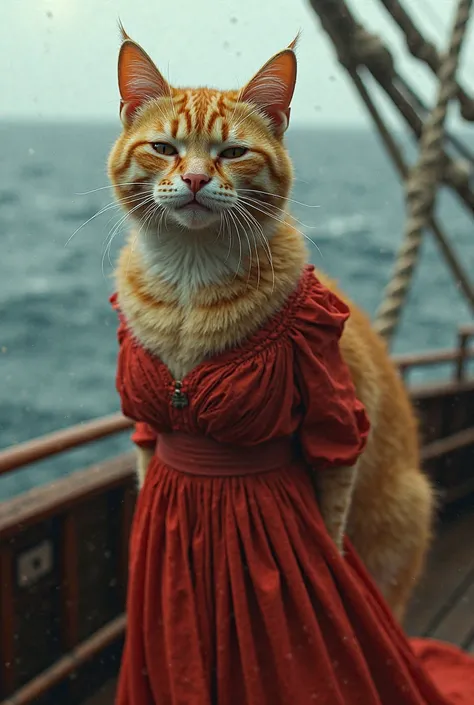 A tall light orange cat wearing red frock crying hardly tear coming out from her eyes standing in balcony of ship in sea 