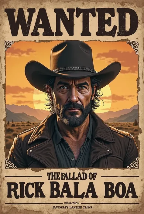 Create the image of a wanted poster from the Western era of the character Rick Bala Boa, But it's also a movie poster