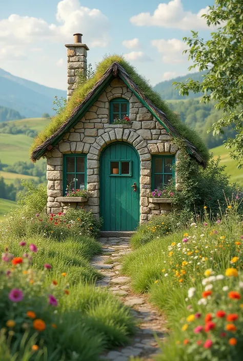 Nice small stone house with windows, green door and roof in the field with green meadow and flowers