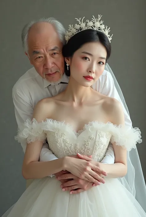 sexy beautiful asian southeast mother small breast, red lips, flat chest, skin white, cute mother, wearing white off the-shoulders layered wedding dress, bridal veil, perky nipples, beautiful Indian mother 50 years old, hugging 80 year old man , his intima...