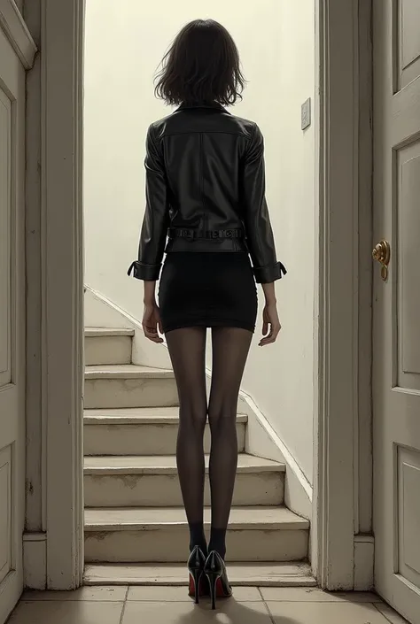 Draw, please a full-length girl with high-heeled shoes, rounded shoe socks.  dark hair, haircut like Kate Beckinsale in Underworld. height 160cm , skinny body , dressed in a leather jacket, , an unfastened black leather jacket and a belt on the jacket. She...