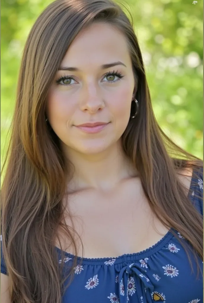 Woman sitting in a coffee. Has a blue shirt on,  style photorealistic , impressionist,  sharp focus, very detailed, daylight, Detail,  full body