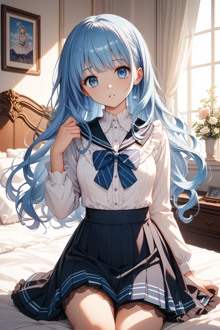 Lolita cute  uniform blouse wearing clothes, black frilly skirt, slightly long skirt, lace panties shirt in big chest, black hair, blue mesh hair, bob hair, bangs, full chest, lace panties