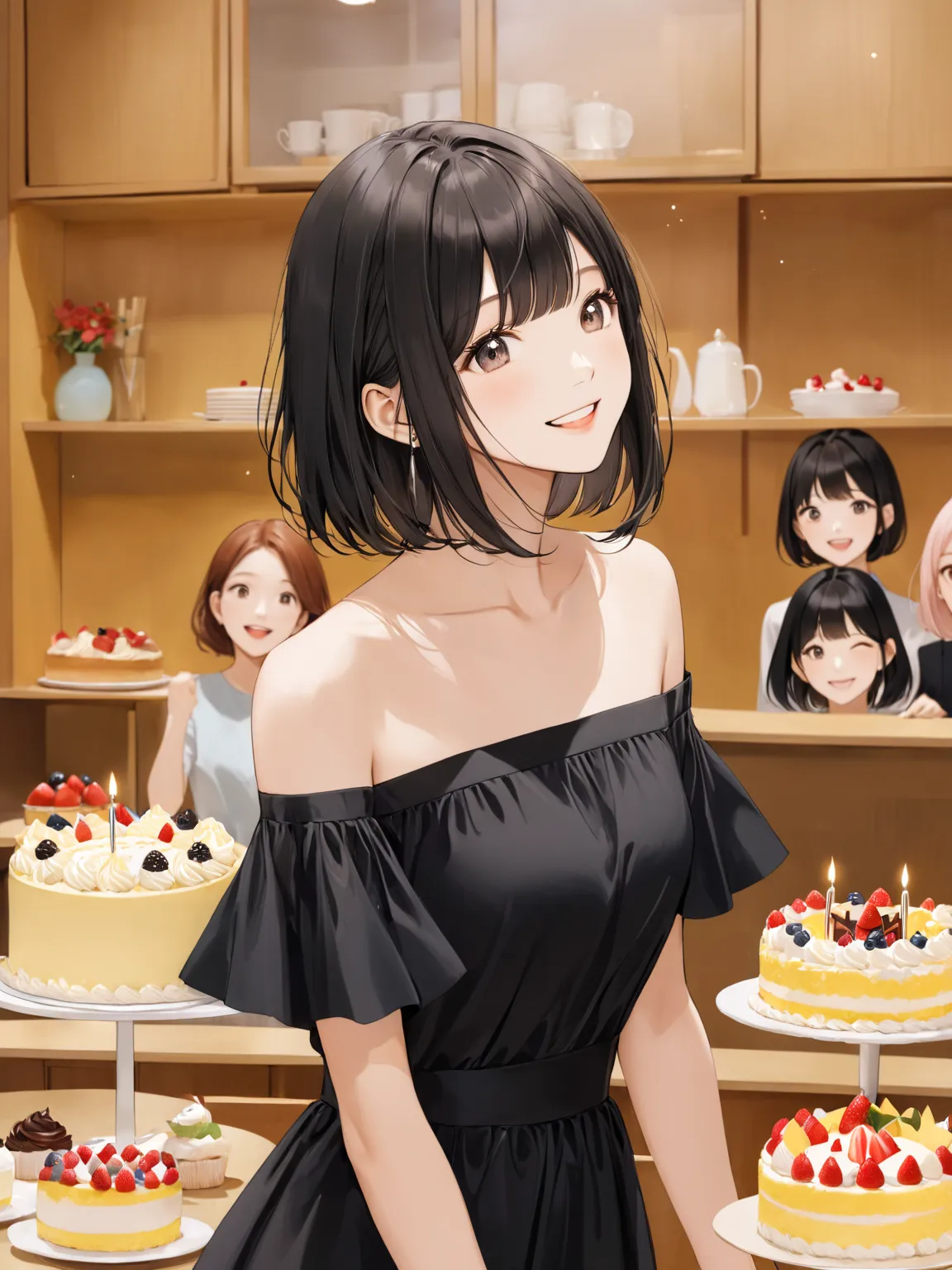 there is a woman in a black dress smiling and looking at a cake, the hime cut, sui ishida with black hair, sha xi, chiho ashima, jaeyeon nam, aoshima chiho, gemma chan, joy ang, she expressing joy, chiho, lovely smile, iu, black bob cut hair, with short ha...