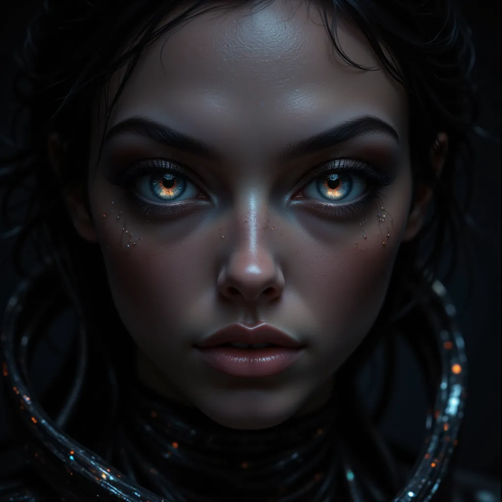 An alien female making facial expressions, closeup headshot