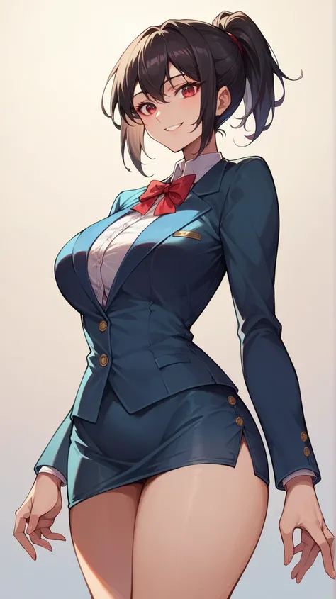 Thighs,Thighs, very short skirt, beautiful feet, short hair,  red eyes,  dark hair, Ponytail, smile, Blazer clothing, miniskirt, viewers, Dutch angle, cowboy shot,simple background, big breasts,  boyish ,miniskirt,Thighs