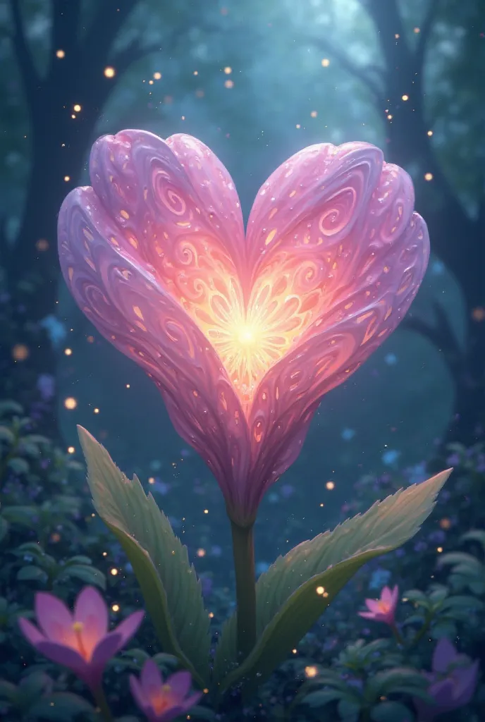 A flower that is shaped like a heart and looks magical in anime style