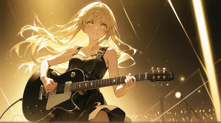 A  in a girls' metal rock band is playing an electric guitar　With a hot beat　Conveying the feelings of love　 long hair 