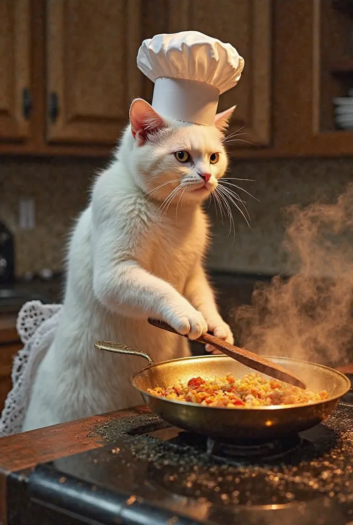 Stage 3: Frying the Food (White Cat Clearly Visible)
The 5-feet tall white cat, with her fluffy white fur shining under the warm kitchen lights, stands at the stove, frying the ingredients in a golden frying pan. She is still in her wedding dress, and her ...