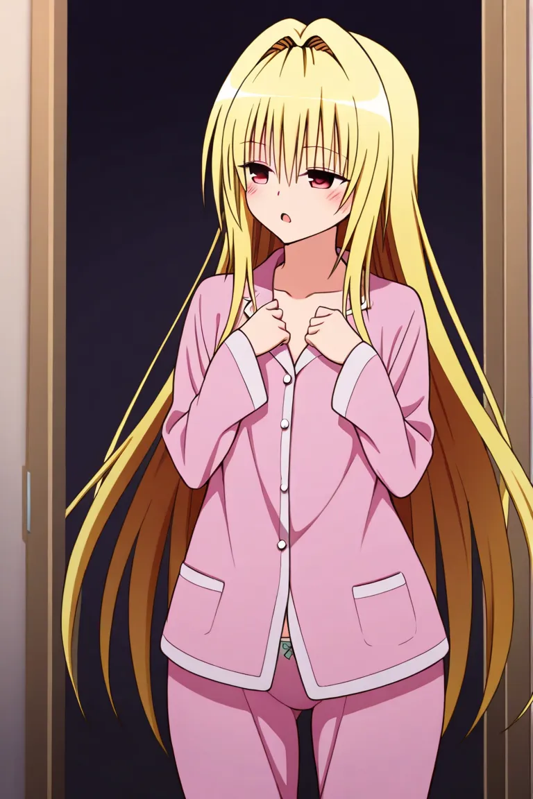   1 girl, One,  very long hair , has yellow hair, hair below the buttocks, eyes half open, looks with half-closed eyes,  open mouth, сильно уставшие face, wants to sleep, blushes, уставшие face, face,  love-ru  , yami tips,  1girl,  red eyes,  ,   Masterpi...