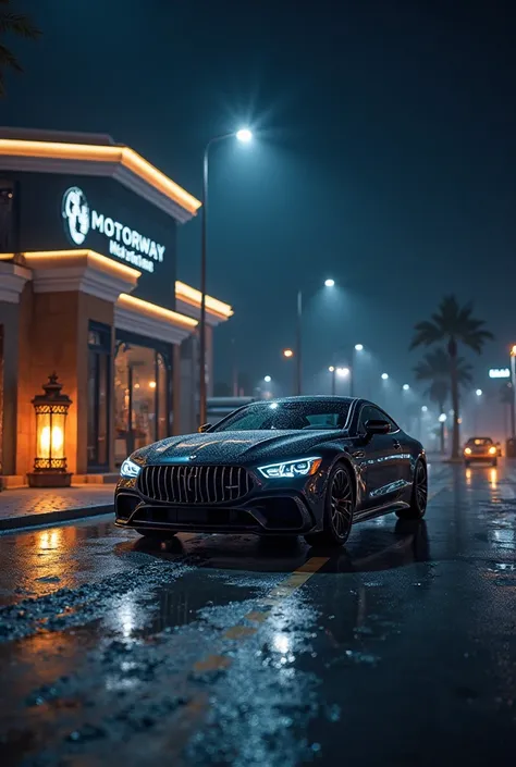 
The first scene : attractive introduction
Shot: aerial shot of "Motorway" with distinctive night lights and a Ramadan lantern illuminated next to the entrance.

voiceover:
"مرحبًا بكم في Motorway، حيث تجتمع العناية الفائقة بالسيارات مع روح الأصالة والحداث...