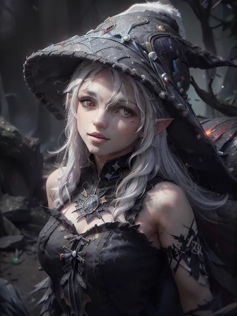 close-up, upper body. long, ( white hair:1.6), (black witch hat :1.6), (red eyes:1.6), ( Black witch dress :1.6), ( sharp ears:1.2), smiling elf girl  in the woods. ( Masterpiece , top quality shirt, best quality, official art,  beautiful and aesthetic:1.2...