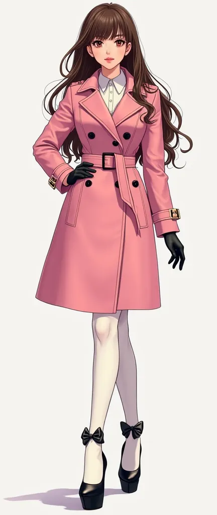 "A stylish thirty-year-old pornstar with long, straight brown hair and bangs, wearing a pink double-breasted trench coat with a matching belt. She has a confident expression and walks elegantly, wearing black gloves, white tights, and black high heels ador...