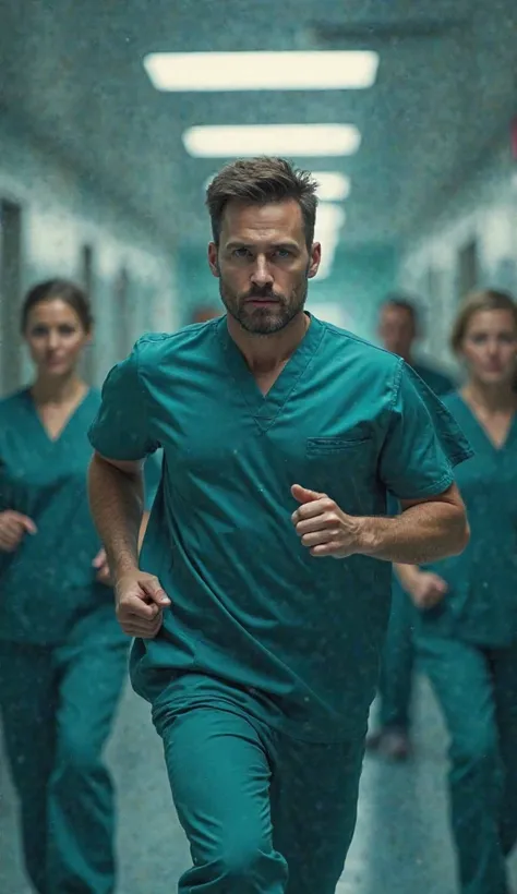 "Inside the hospital, a surgeon in scrubs rushing through a corridor, surrounded by nurses. He looks overwhelmed as he prepares for multiple emergency surgeries, his face showing deep concentration."