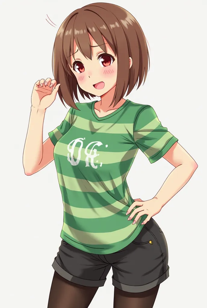 ((Best Quality)), ((masterpiece)), (detailed), Undertale Chara, Brown hair, (brown shorts: 1.3), bob cut, short hair, black pantyhose, (Green shirt: 1.3), Red eyes, (1 girl: 1.3), (Alone: 1.3), Stripes, striped shirt tits with a height of 2 and 1.0 centime...