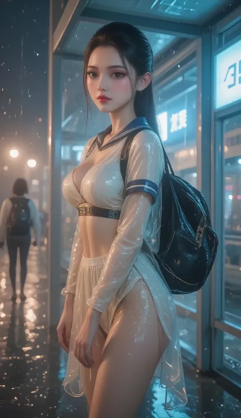 NSFW, TOP QUALITY , HD, 16k,   unbelievably ridiculous ,  very well detailed, 2.5D,   Delicate and Dynamic ,  beautiful woman,   attractive smile ,   busty high school girl , uniform、 sailor suit、、 ,  backpack,  ,  glitter effect, ((It's raining:1.3))、((My...