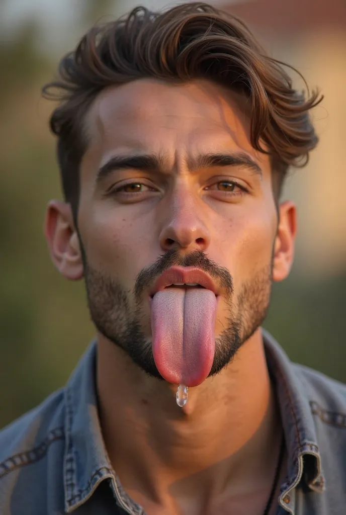 I want a realistic image of a handsome man sticking out his long tongue long that touching his chin

The image features a person with light facial hair and styled brown hair, sticking out their tongue playfully while touching his chin with his tongue and l...