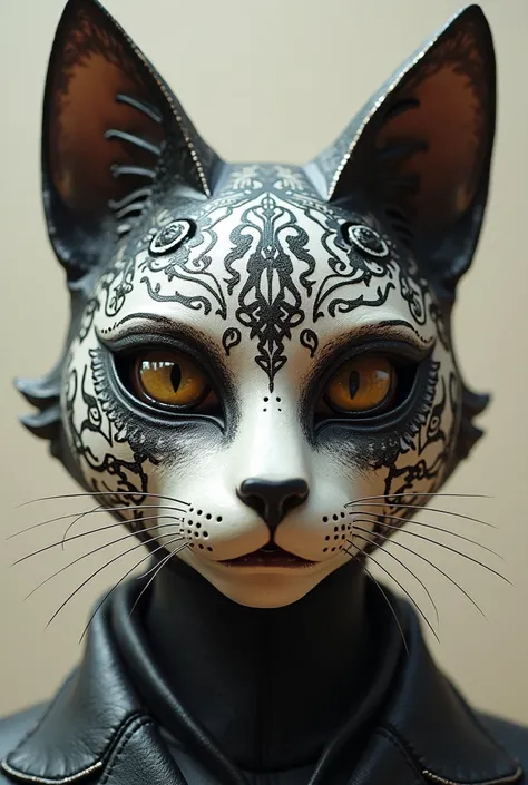 Victorian cat mask for human, with japanese black decorations without whiskers, no person and no background  random animal