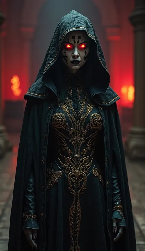 A dark and mysterious sorceress wearing a black hooded robe with intricate gold embroidery. Her piercing red glowing eyes and pale, haunting face exude a supernatural presence. The background is a dimly lit, eerie chamber with flickering red flames casting...