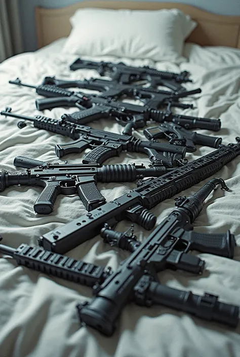 A bed of full of guns 