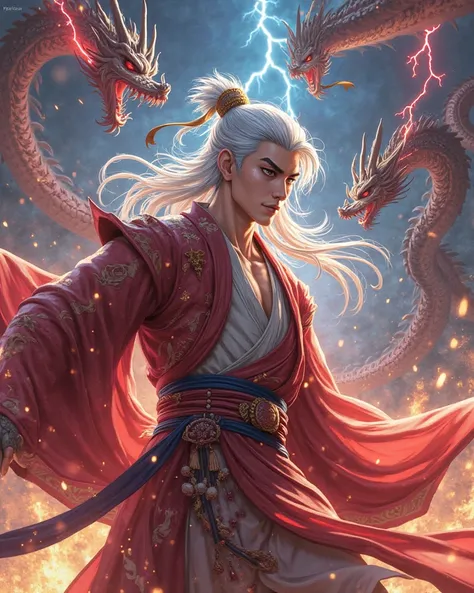 ((master part)), ( Extremely High Quality ))), ( character design sheet ,  national costume,   same character , , side, return),  's illustration , Wukong, 　 interiro ,  Silver Hair, Eye hair,  Pretty Eyes ,  Princesa Corte ,  lightning and fire scene , Dr...