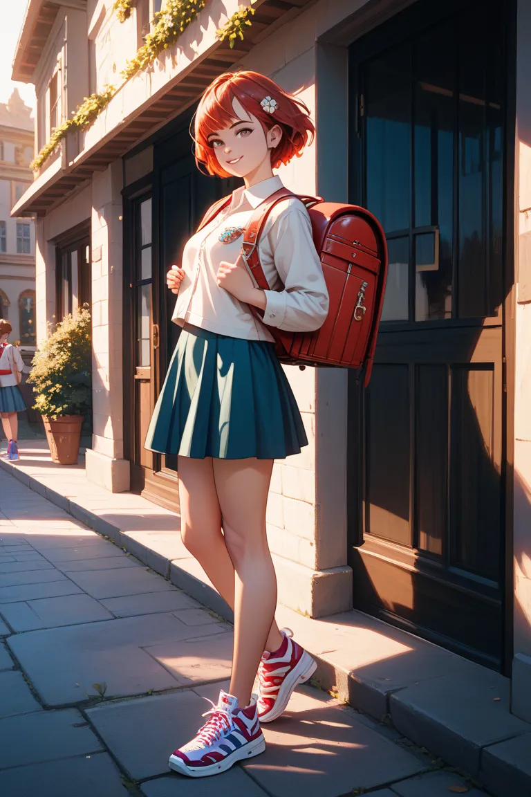 Elementary school girl with very short hair　red backpack　Large sneakers　