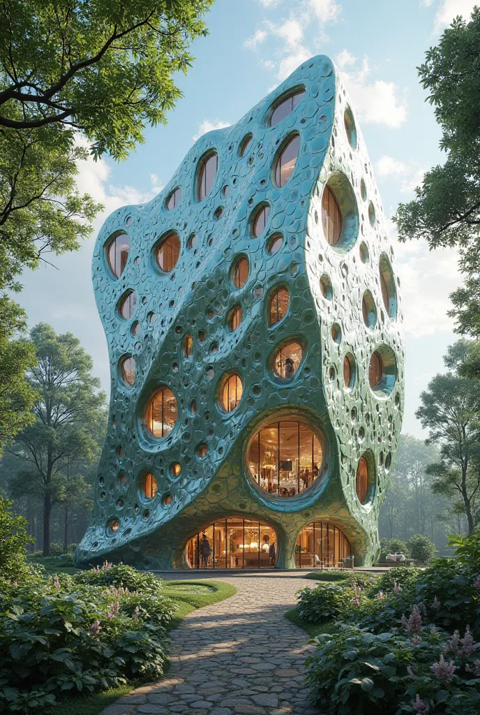 A chameleon-like building with large windows