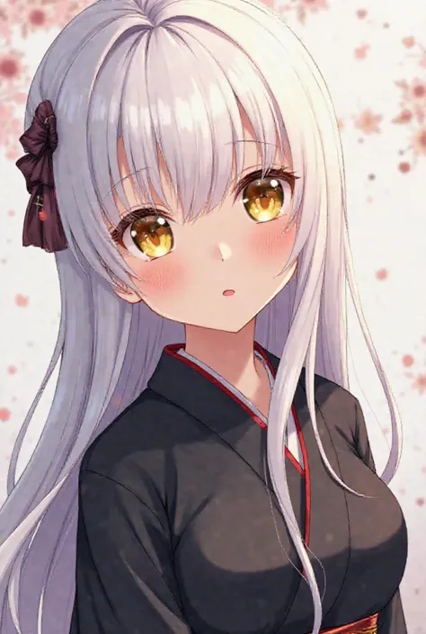  an anime style anime girl , She had silky white hair and gold eyes, Full bang hair. Straight hair that goes down to the hips. Beautiful girl with long, smooth, and calm straight hair. wearing an all-black traditional kimono.