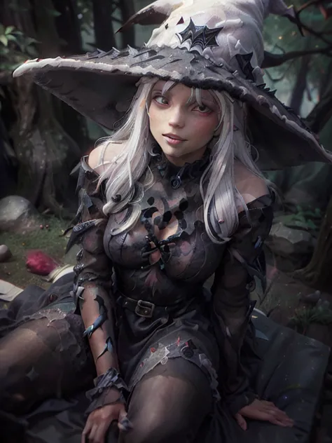 close-up, upper body. long, ( white hair:1.6), (black witch hat :1.6), (red eyes:1.6), ( Black witch dress :1.6), ( sharp ears:1.2), smiling elf girl  in the woods. ( Masterpiece , top quality shirt, best quality, official art,  beautiful and aesthetic:1.2...